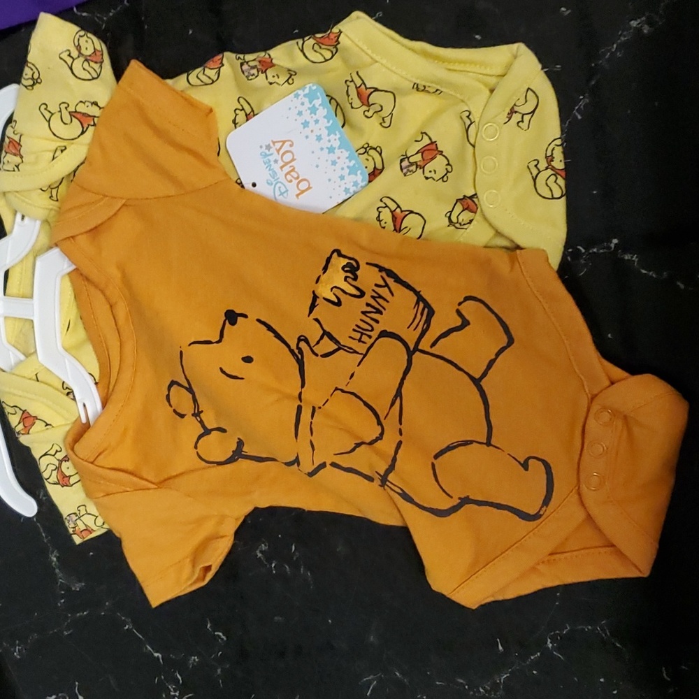 NWT Disney Winnie the Pooh Onesies, newborn to 3 mos. Yellow and orange.